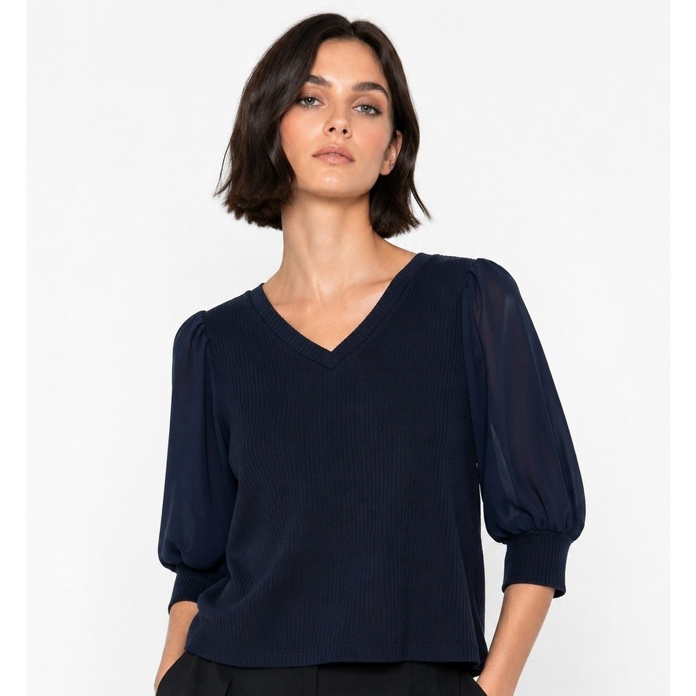 Design History Gracia Mixed Media V Neck Knit Top Navy Blue Medium NWT